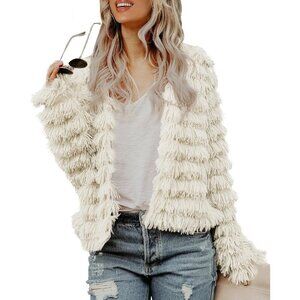 Women's Beige Inorin Faux Fur Coat Open Front Shaggy Cardigan Vintage Jacket